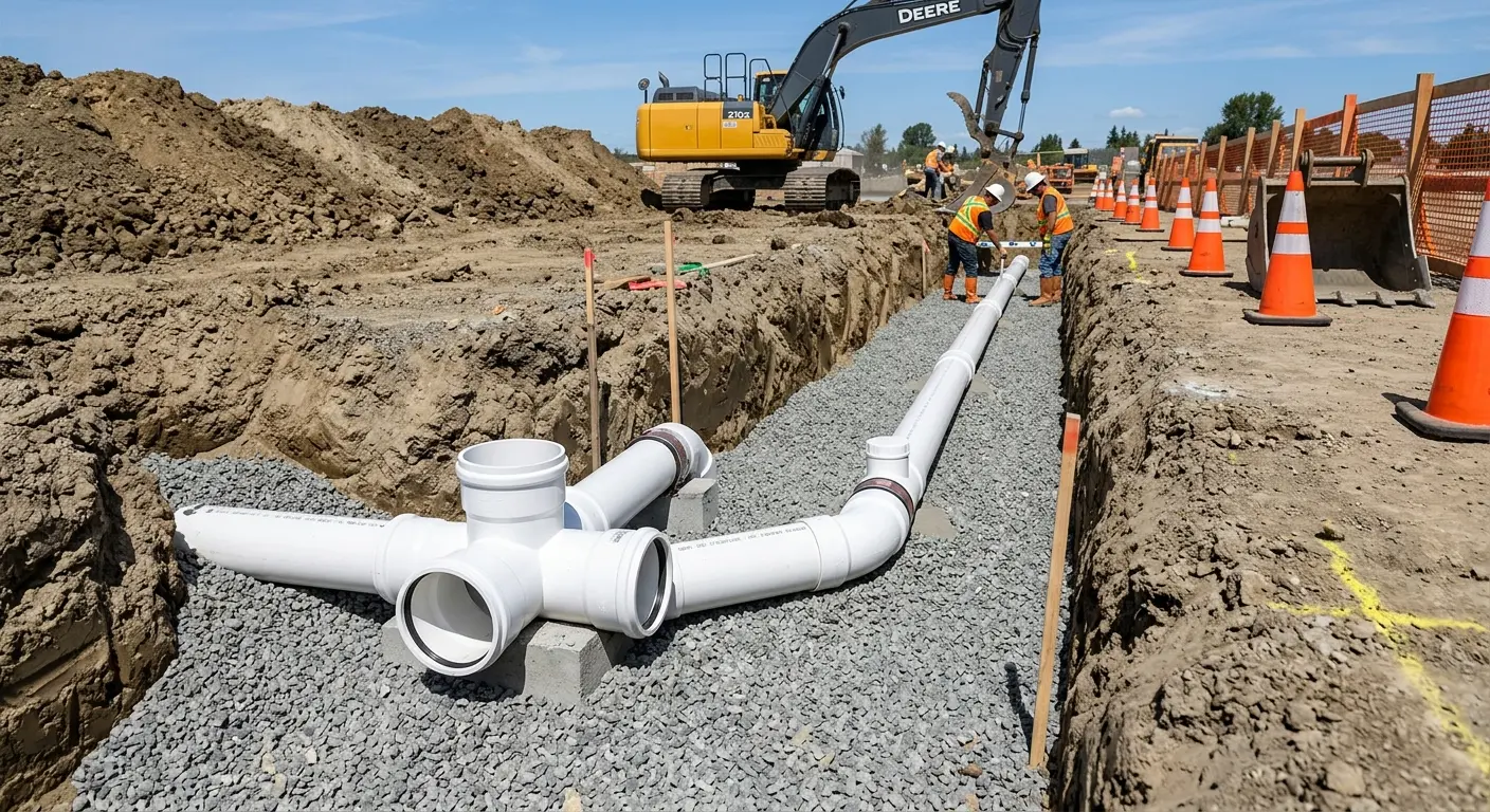 New PVC sewer pipe installation in open trench for Grease Trap Cleaning in Fairview